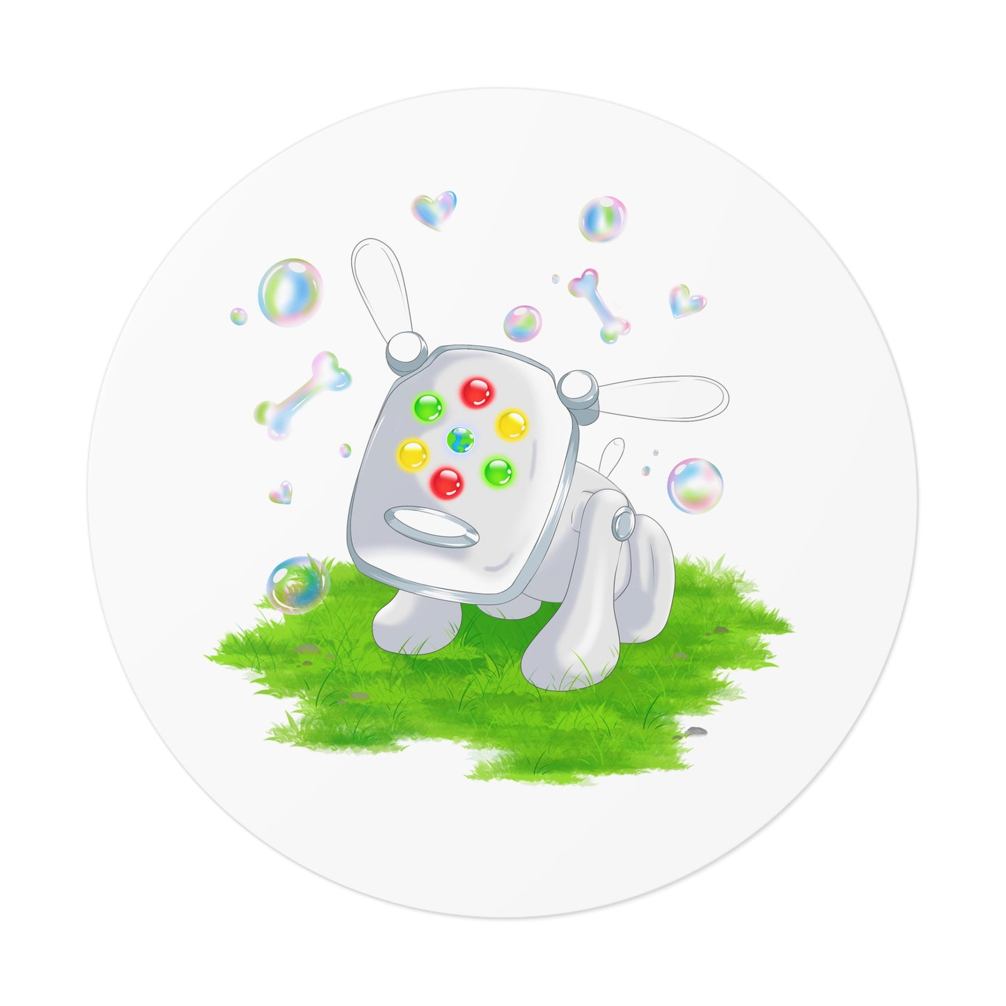 iDog Round Vinyl Stickers with Bubbles and Grass
