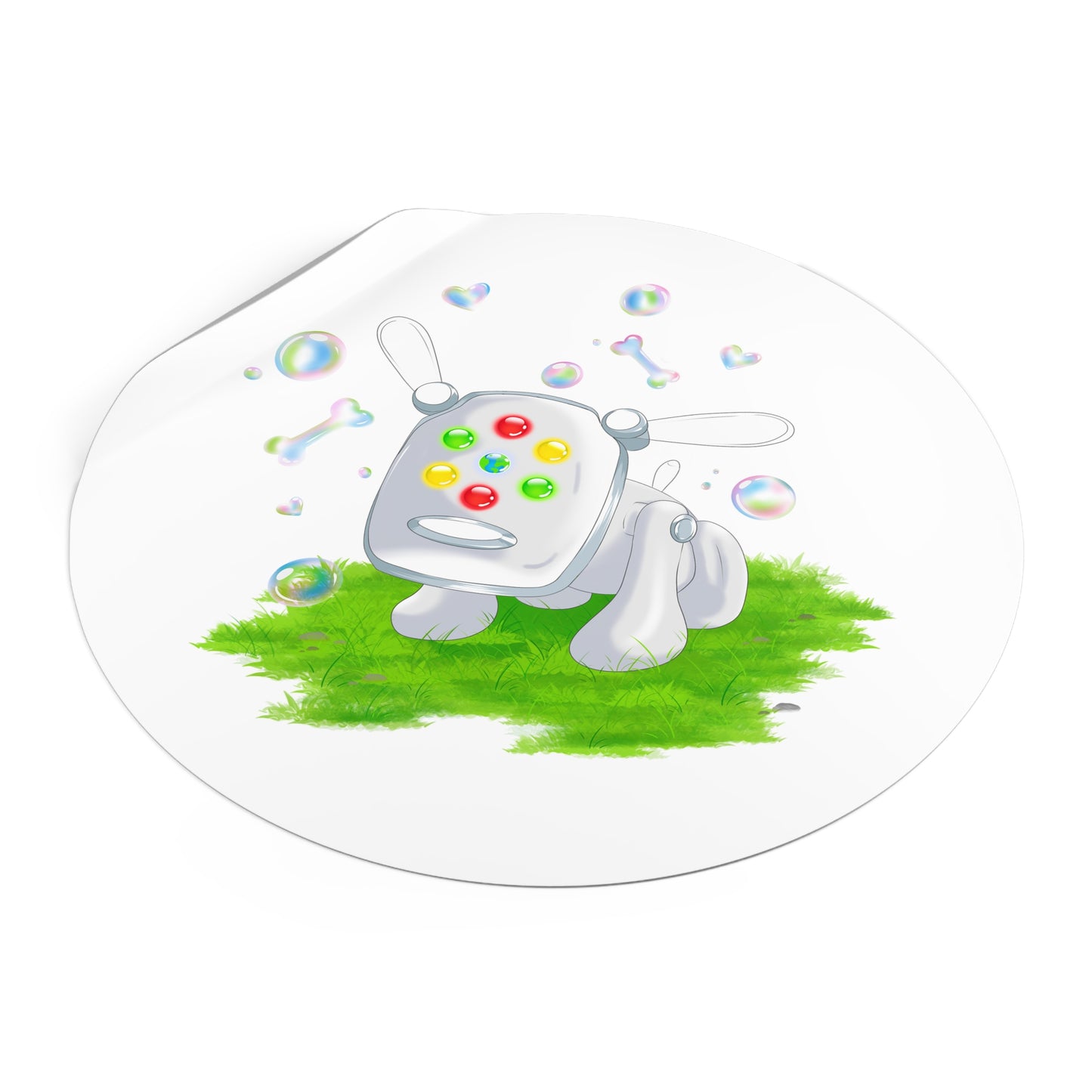 iDog Round Vinyl Stickers with Bubbles and Grass