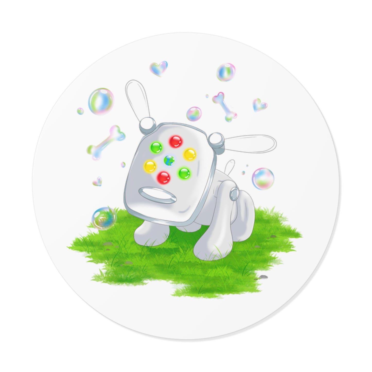 iDog Round Vinyl Stickers with Bubbles and Grass